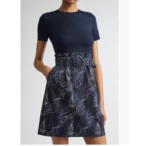 Akris Punto navy mixed media belted mini dress size medium  damage